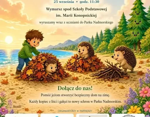 Ustronie Morskie: wspólne budowanie kopców dla jeży w Parku Nadmorskim