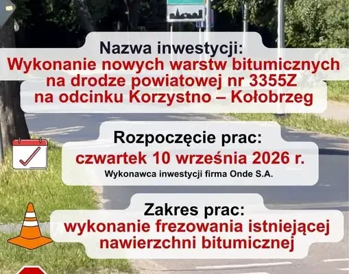 Remont drogi powiatowej Korzystno–Kołobrzeg. Od 10 września utrudnienia